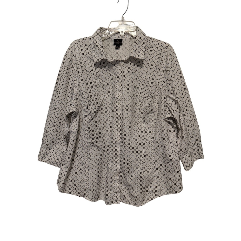 Worthington Woman 2X White‎ Black Geometric Lattice 3/4 Sleeve Button Down Shirt